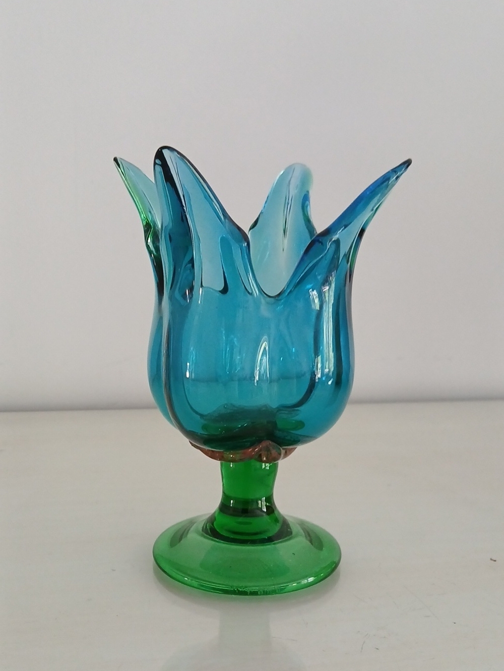 Handblown Art Glass Tulip Votive Tealight Candleholder Aqua Blue On Green Stem